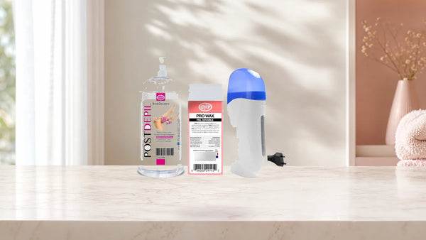 Kit de depilación con calentador eléctrico, cera roll on y aceite post depilatorio GNP sobre fondo claro