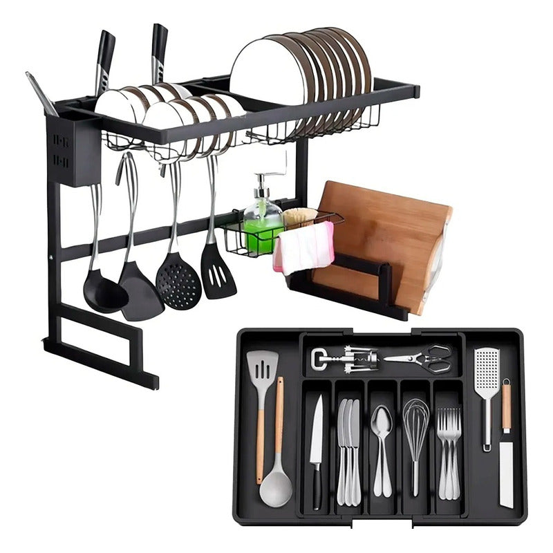 Kit De Escurridor De Platos + Organizador De Cubiertos - Negro