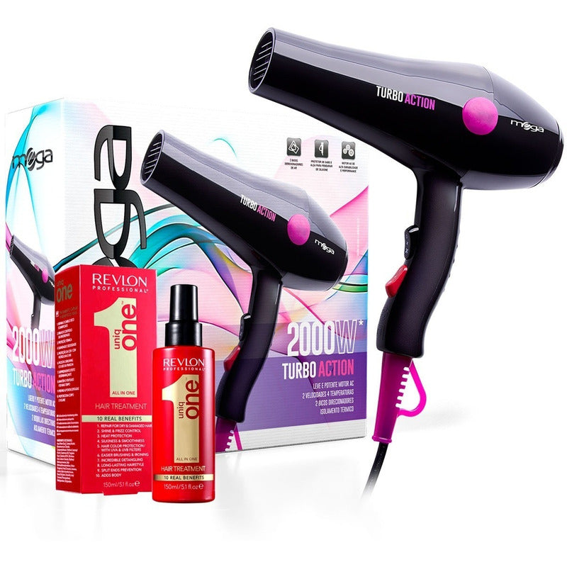 Secador De Pelo Profesional Mega Turboaction 2000w, Uniq One Negro